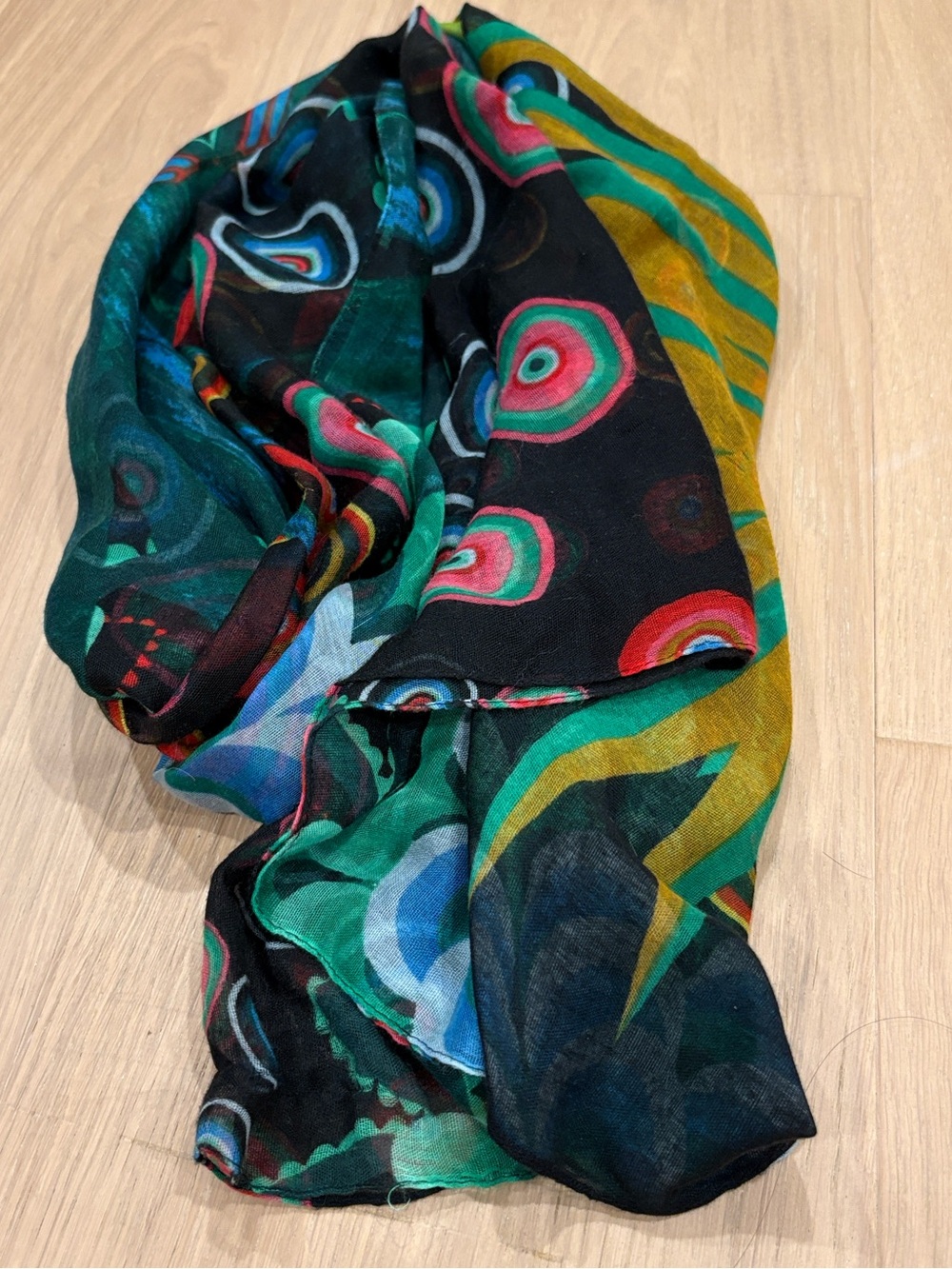 Desigual Vintage Vibrant Geometric Scarf Wrap / Green Black Blue